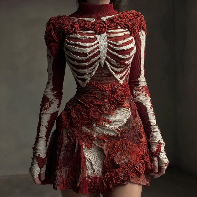 Women's Halloween Skull Rose Art Knitted Wool Skirt