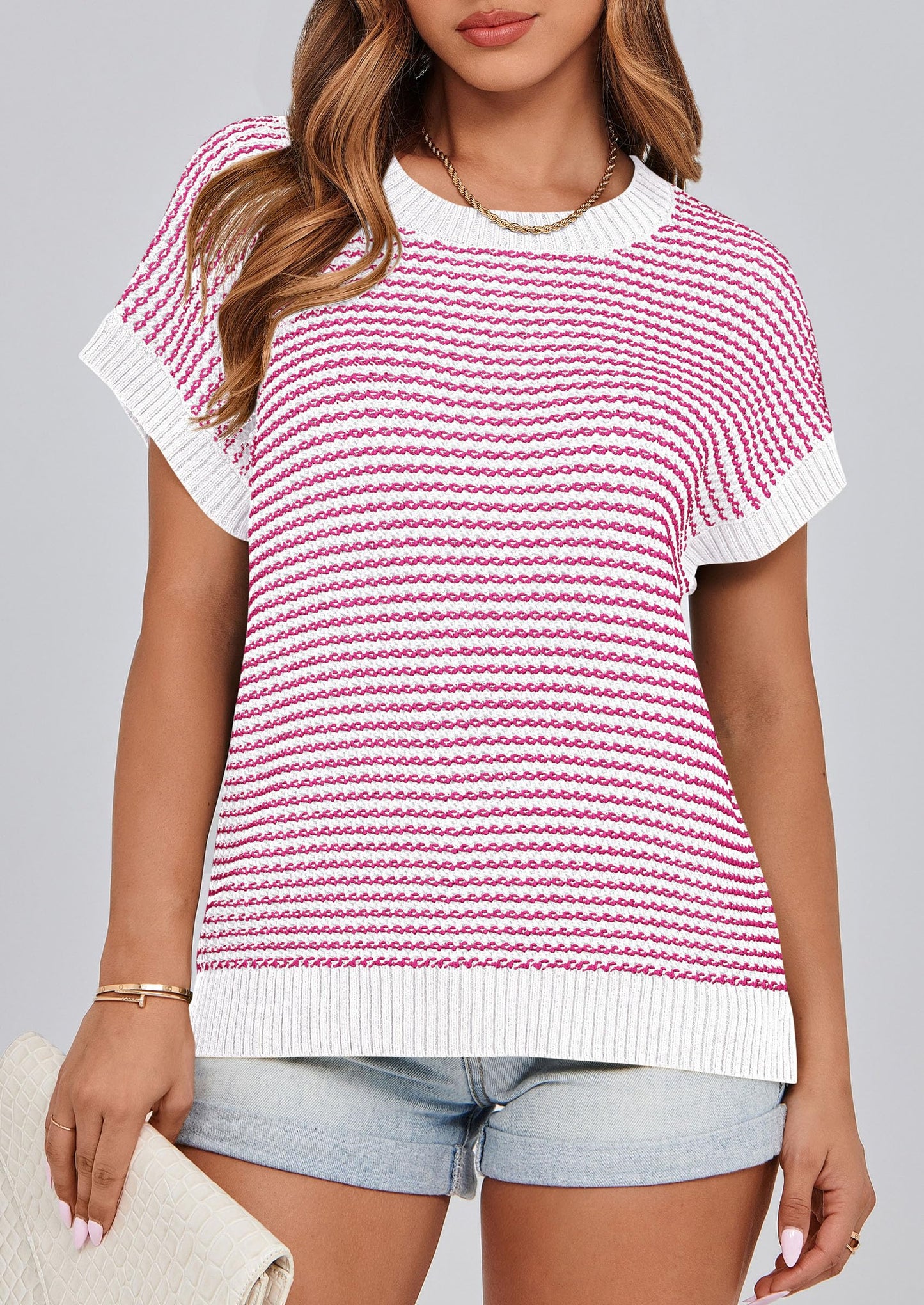 PRETTYGARDEN Womens Short Sleeve Sweater Spring Summer 2025 Round Neck Striped Pullover Cap Sleeve Knit Sweater Vest Tops