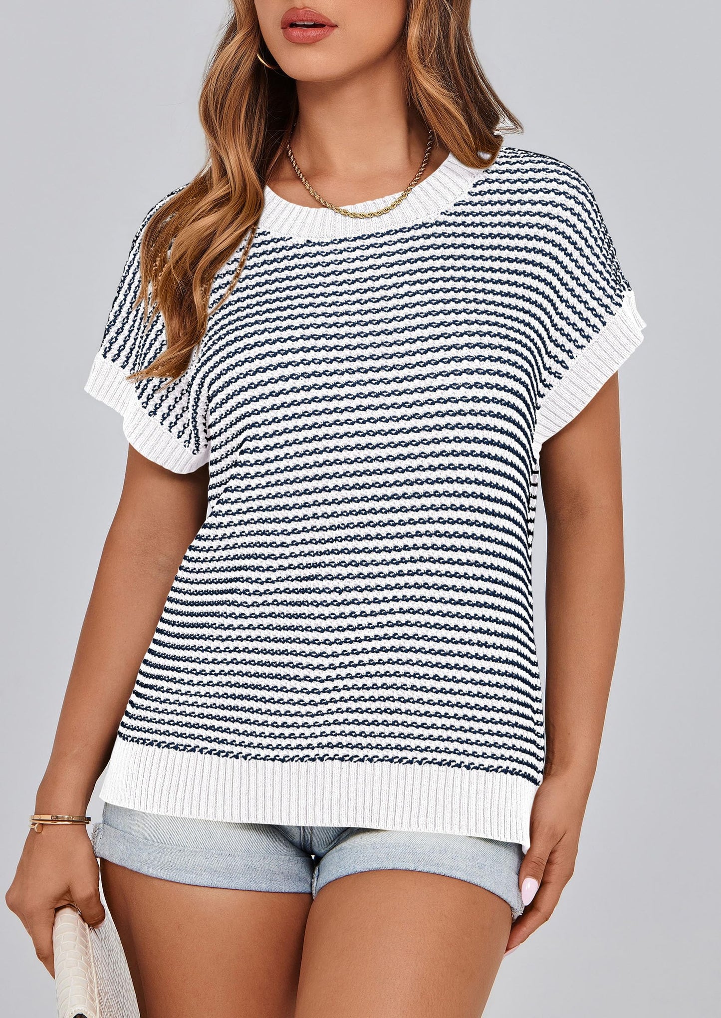 PRETTYGARDEN Womens Short Sleeve Sweater Spring Summer 2025 Round Neck Striped Pullover Cap Sleeve Knit Sweater Vest Tops