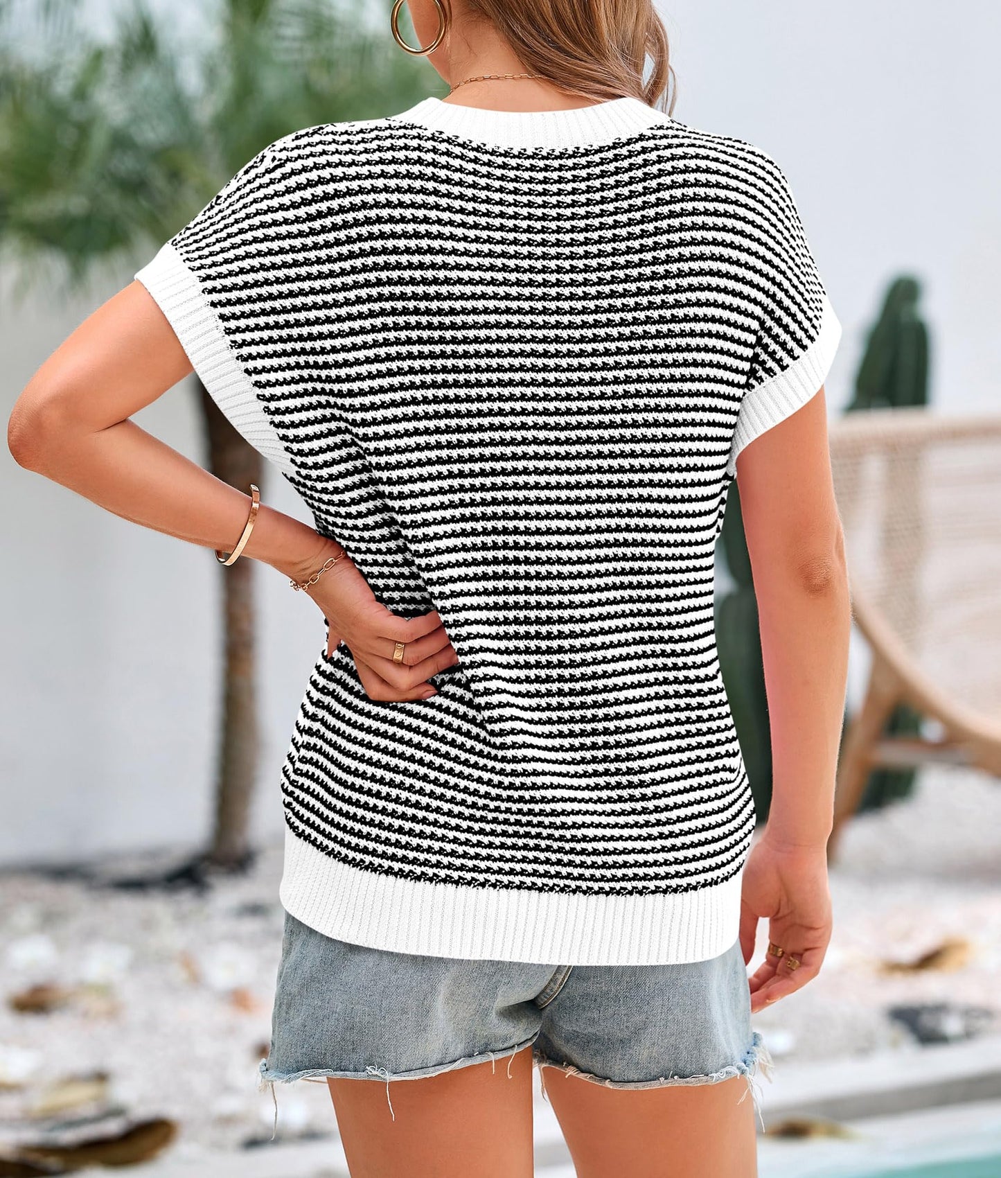 PRETTYGARDEN Womens Short Sleeve Sweater Spring Summer 2025 Round Neck Striped Pullover Cap Sleeve Knit Sweater Vest Tops