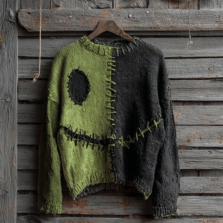 Halloween Spooky Face Contrast Stitched Cozy Knit Sweater