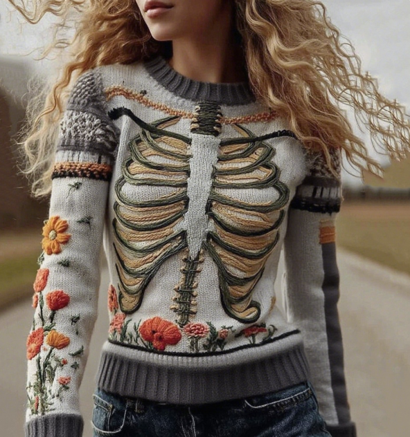 Vintage Halloween Anatomy With Floral Art Chunky Knitted Sweater