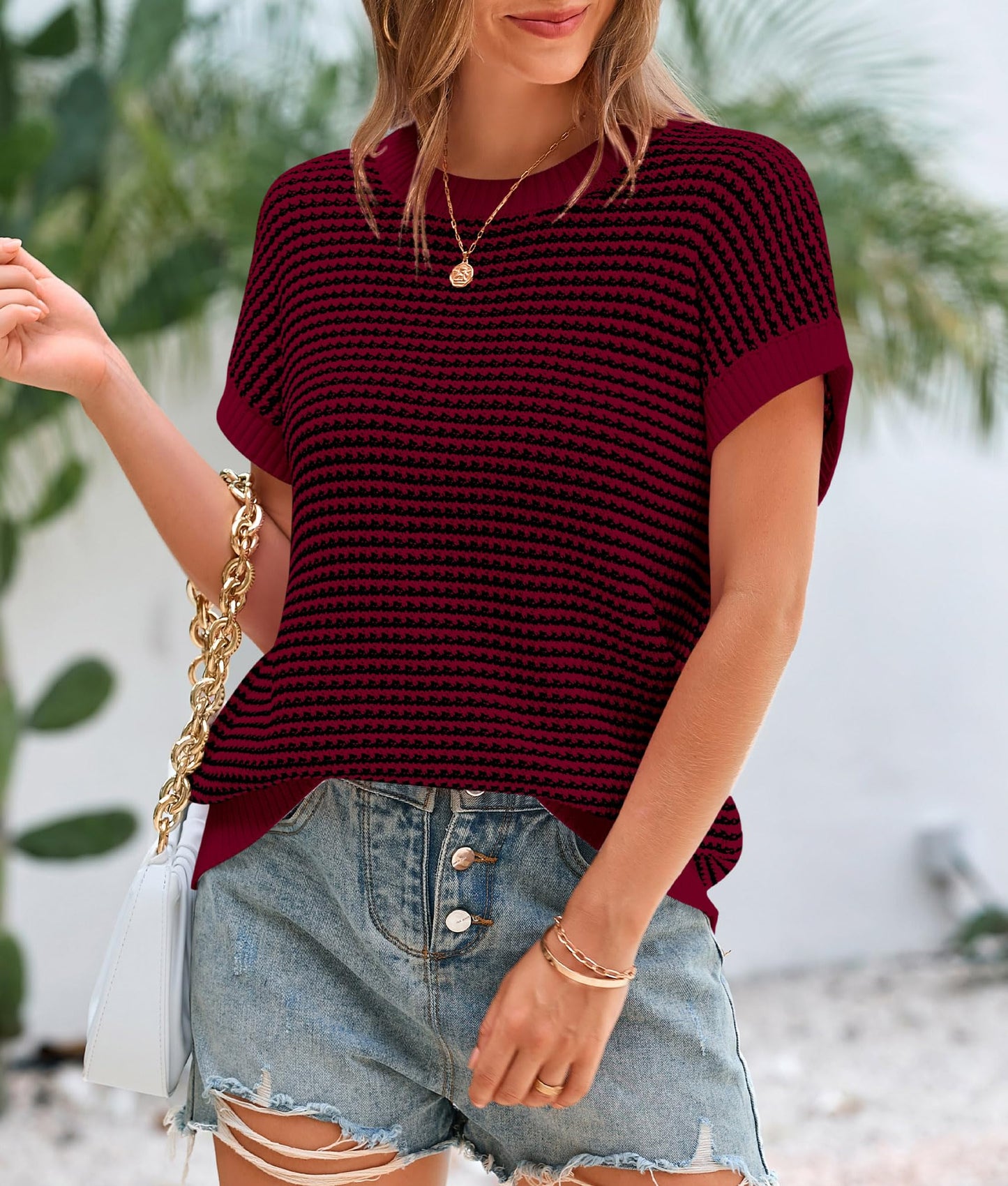 PRETTYGARDEN Womens Short Sleeve Sweater Spring Summer 2025 Round Neck Striped Pullover Cap Sleeve Knit Sweater Vest Tops