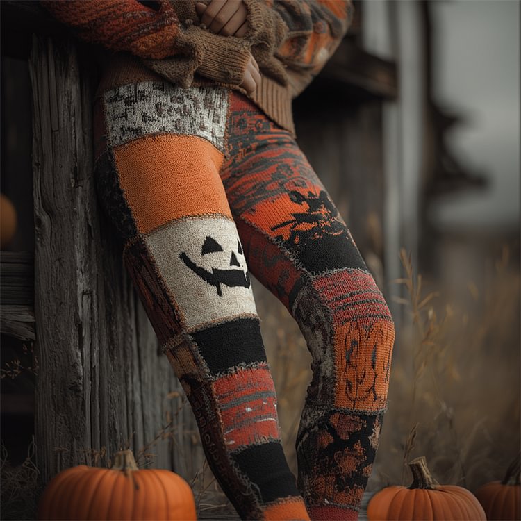 Halloween Pumpkin Colorblock Stitched Cozy Knit Leggings