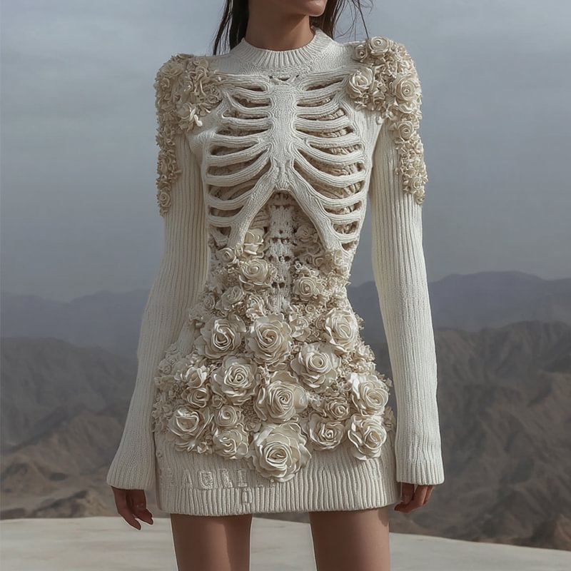 Women's White Rose Skull Crochet Cozy Knit Mini Sweater Dress