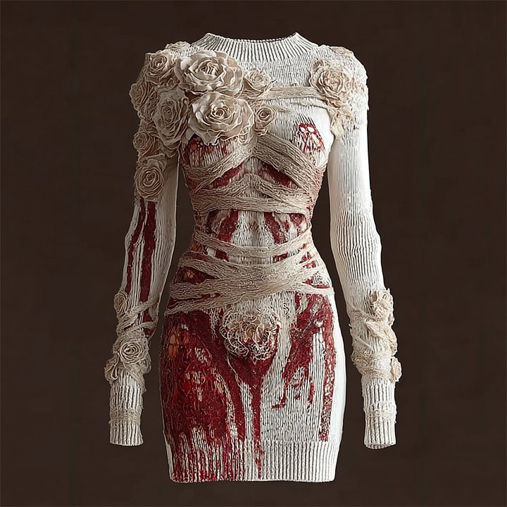 Halloween Bloody Roses Bandages Cozy Knit Sweater Dress