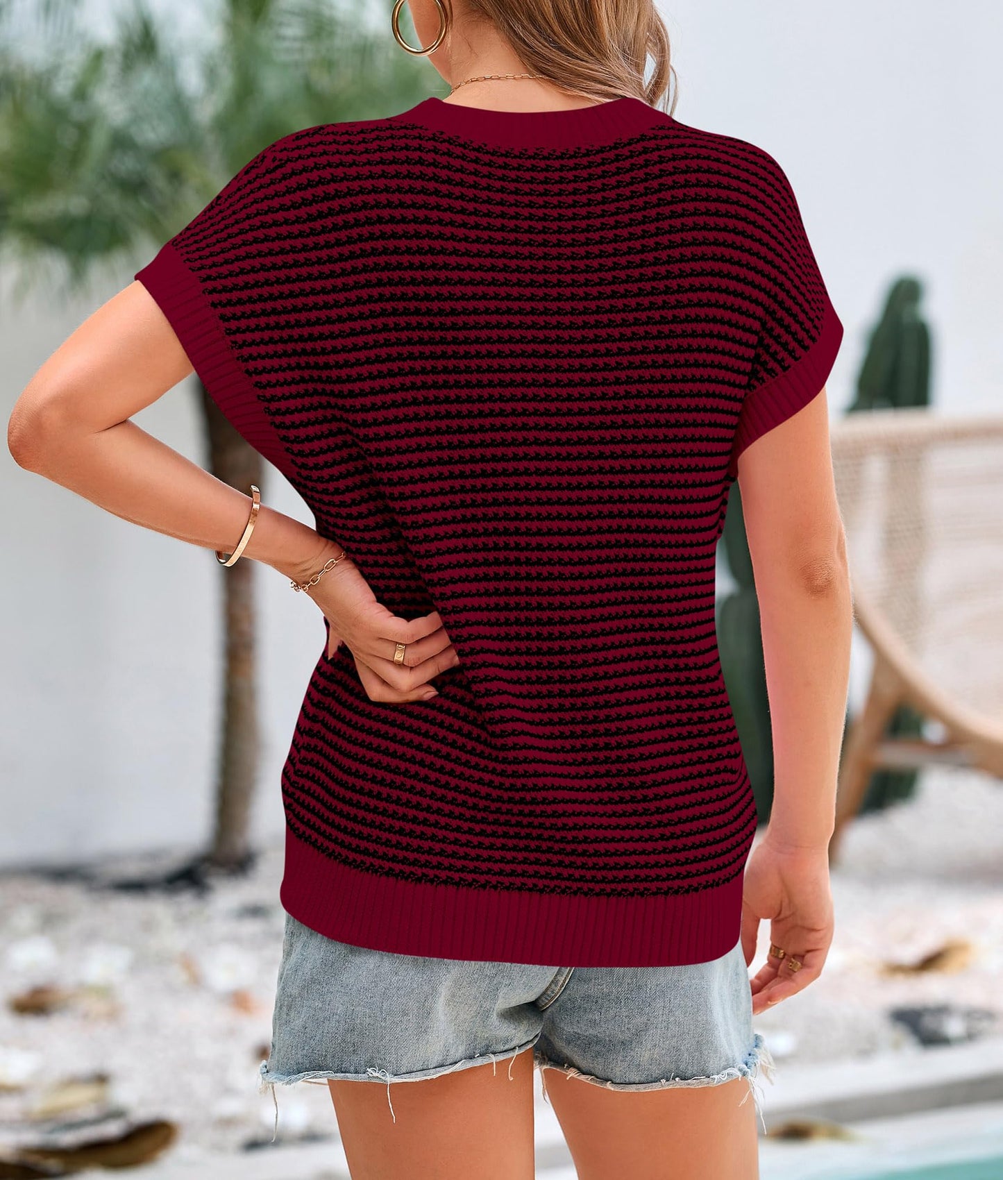 PRETTYGARDEN Womens Short Sleeve Sweater Spring Summer 2025 Round Neck Striped Pullover Cap Sleeve Knit Sweater Vest Tops