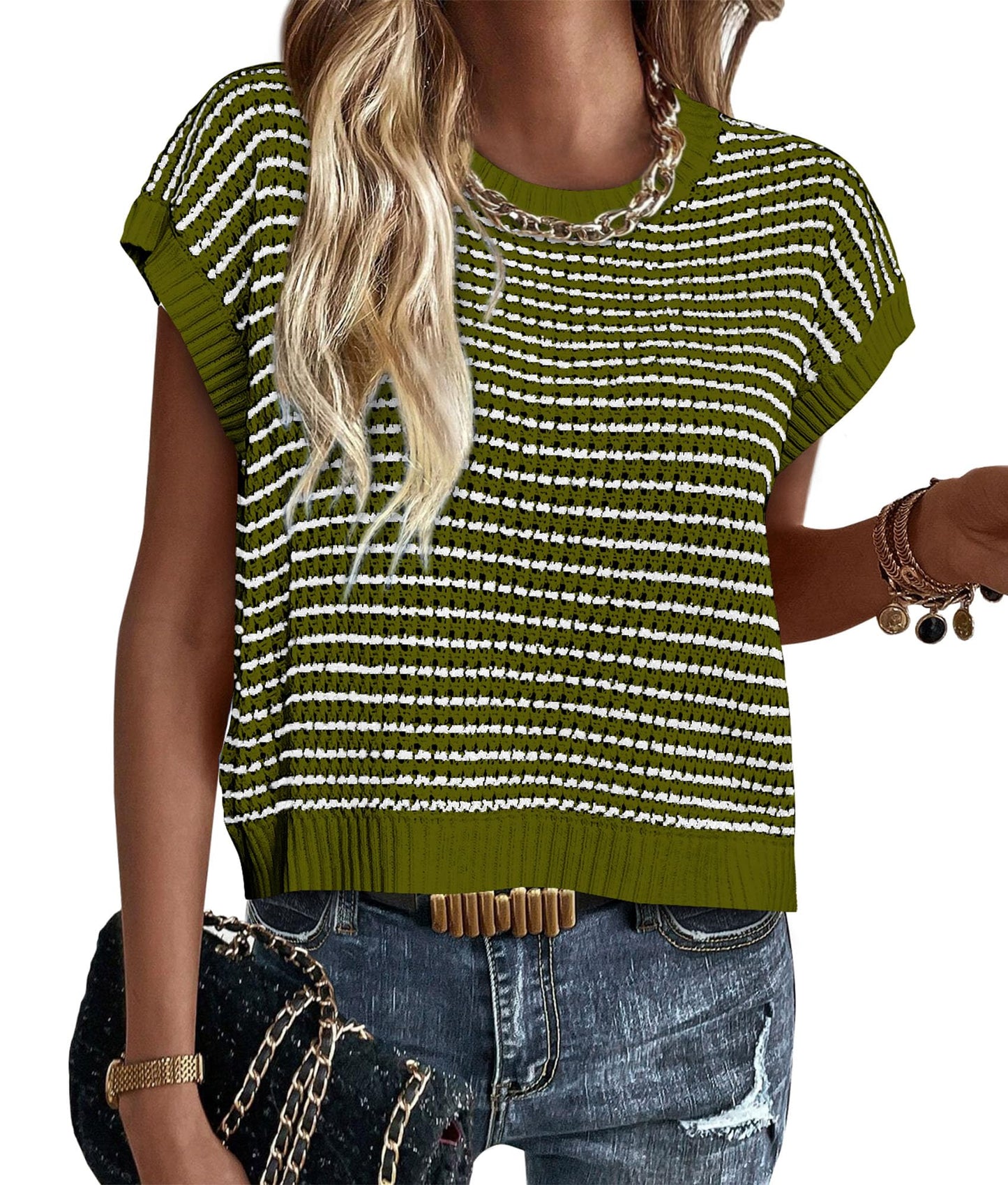 PRETTYGARDEN Womens Short Sleeve Sweater Spring Summer 2025 Round Neck Striped Pullover Cap Sleeve Knit Sweater Vest Tops