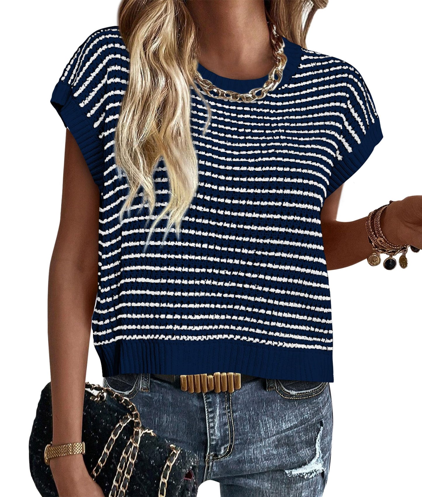 PRETTYGARDEN Womens Short Sleeve Sweater Spring Summer 2025 Round Neck Striped Pullover Cap Sleeve Knit Sweater Vest Tops