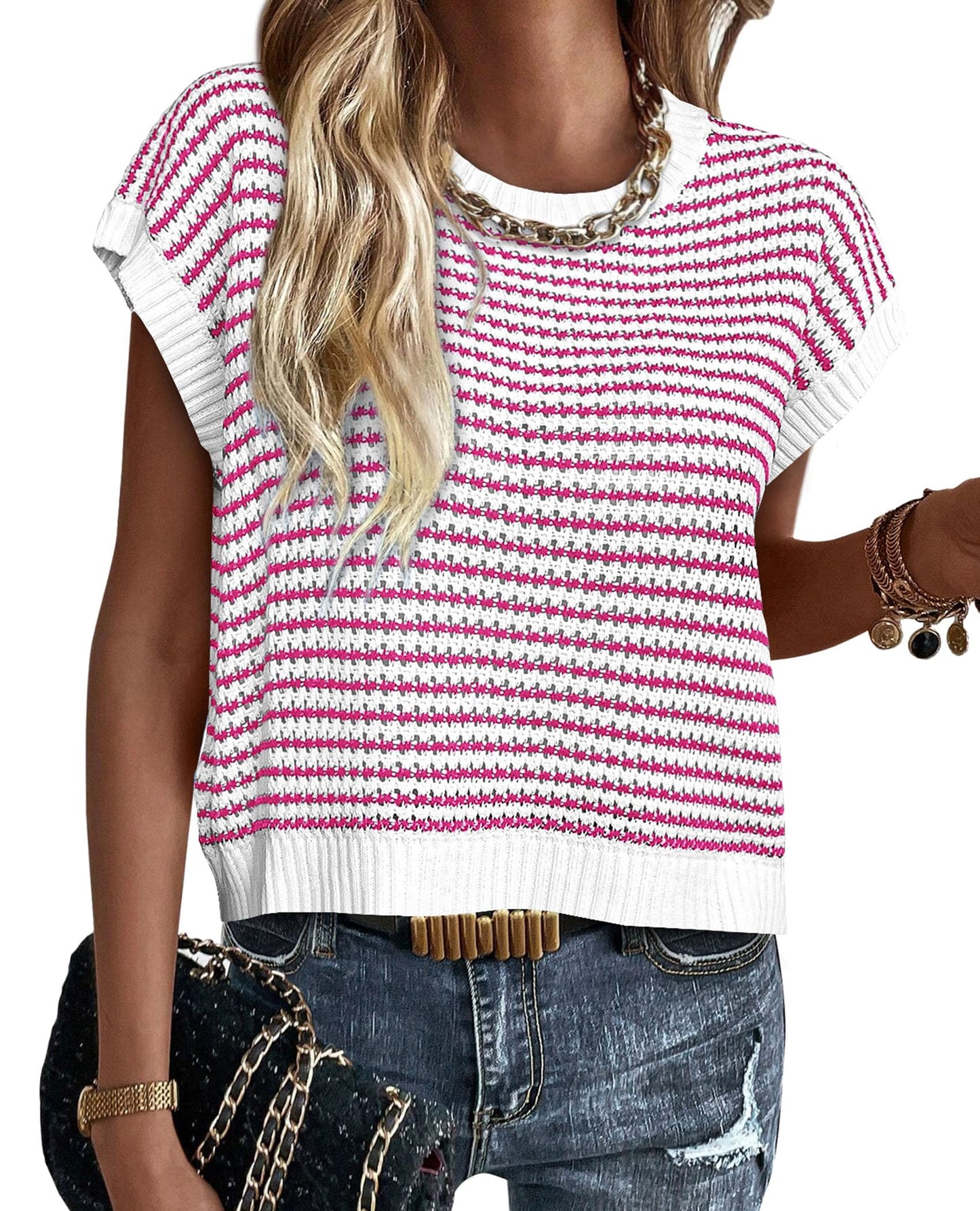 PRETTYGARDEN Womens Short Sleeve Sweater Spring Summer 2025 Round Neck Striped Pullover Cap Sleeve Knit Sweater Vest Tops