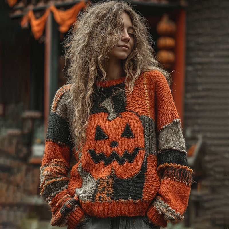 Vintage Halloween Pumpkin Face Patchwork Crew Neck Cozy Top