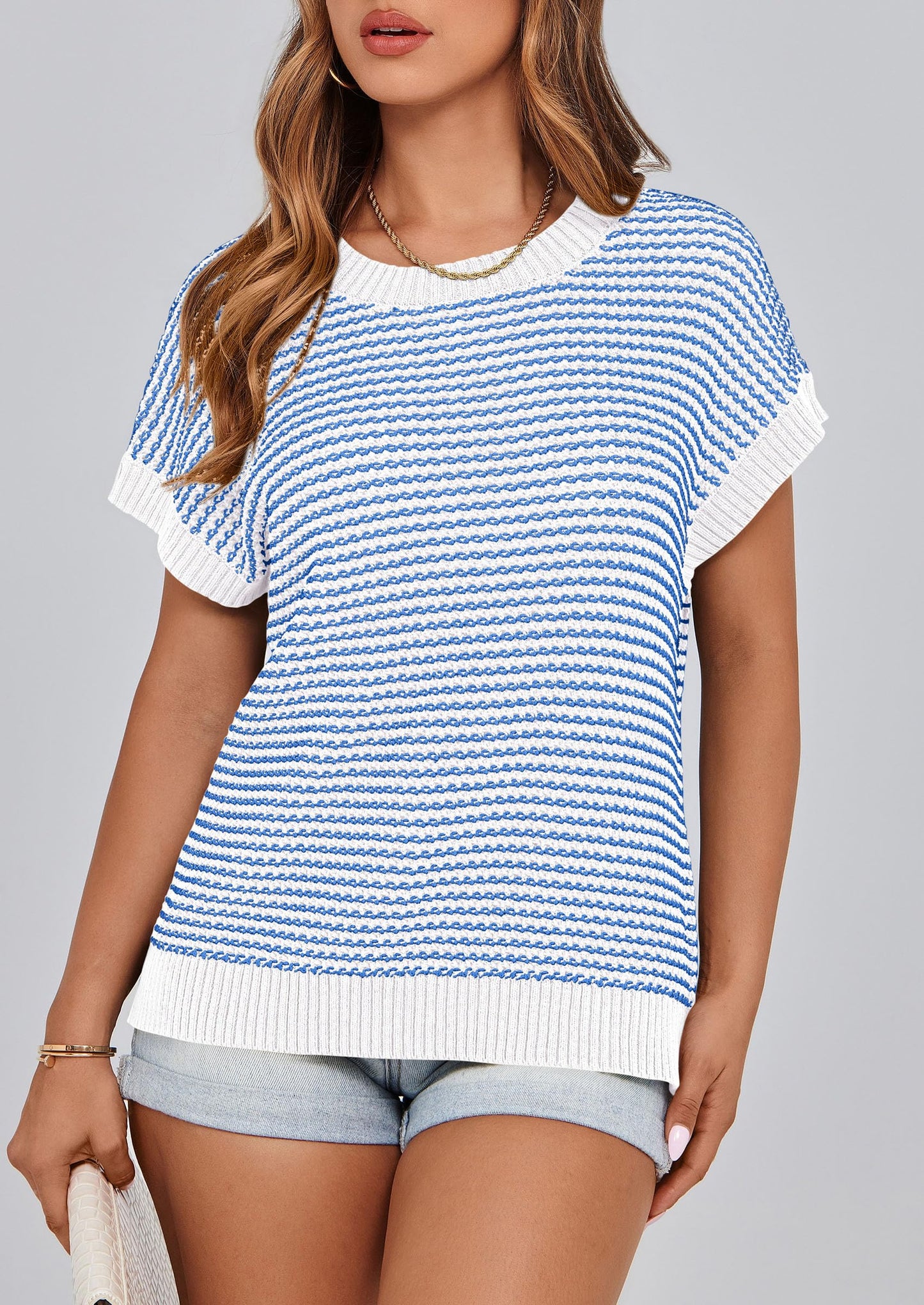 PRETTYGARDEN Womens Short Sleeve Sweater Spring Summer 2025 Round Neck Striped Pullover Cap Sleeve Knit Sweater Vest Tops