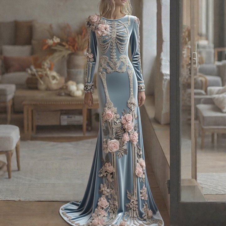 Women's Halloween Dark Gothic Rose Skeleton Velvet Round Neck Maxi Dress