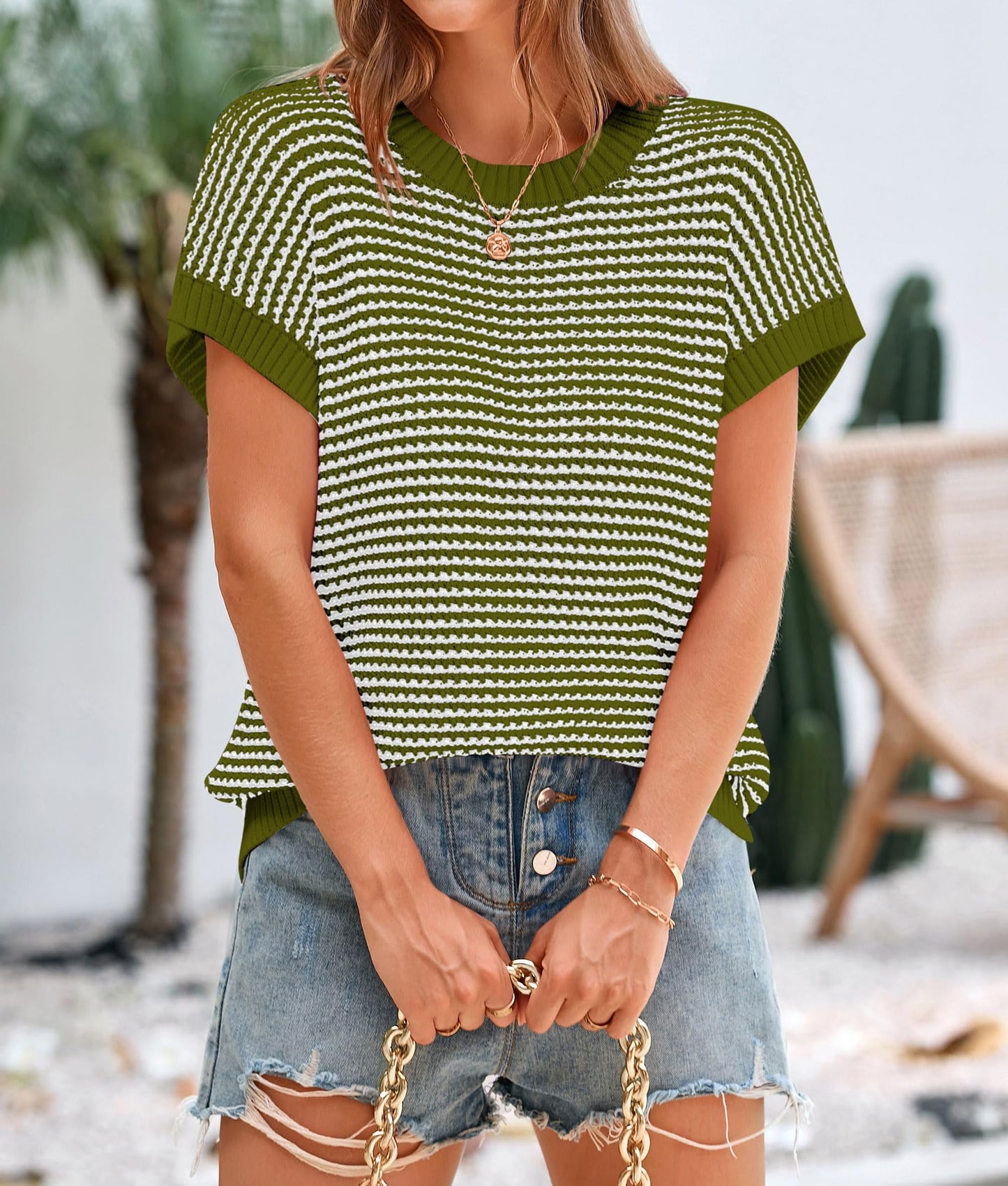 PRETTYGARDEN Womens Short Sleeve Sweater Spring Summer 2025 Round Neck Striped Pullover Cap Sleeve Knit Sweater Vest Tops