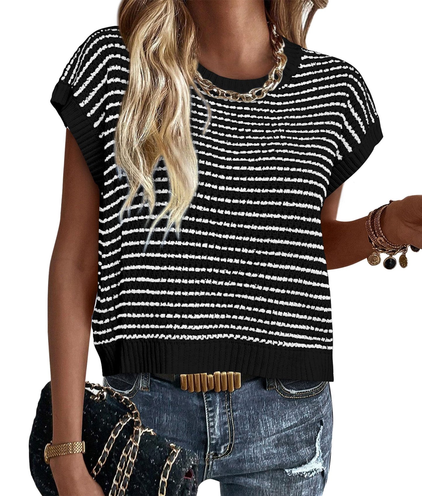 PRETTYGARDEN Womens Short Sleeve Sweater Spring Summer 2025 Round Neck Striped Pullover Cap Sleeve Knit Sweater Vest Tops