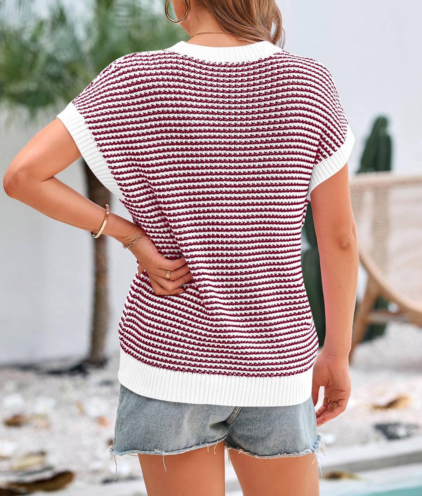 PRETTYGARDEN Womens Short Sleeve Sweater Spring Summer 2025 Round Neck Striped Pullover Cap Sleeve Knit Sweater Vest Tops