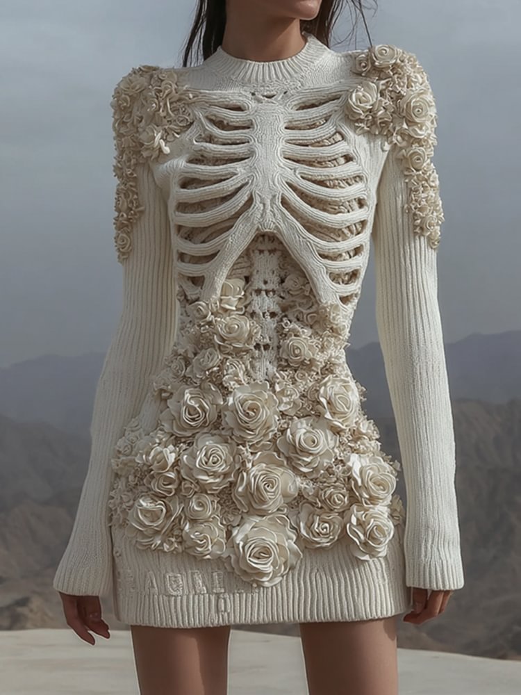 Women's White Rose Skull Crochet Cozy Knit Mini Sweater Dress