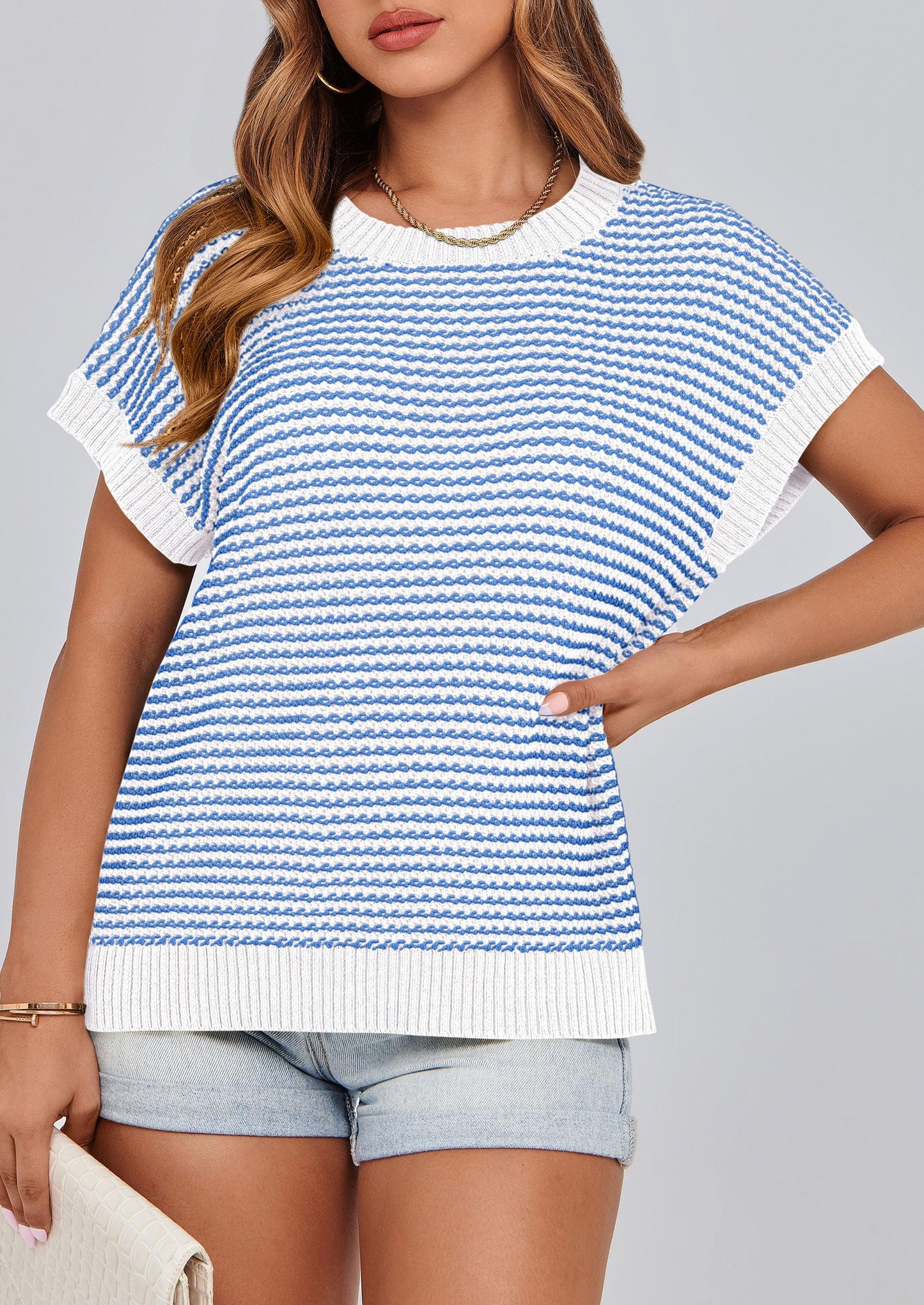 PRETTYGARDEN Womens Short Sleeve Sweater Spring Summer 2025 Round Neck Striped Pullover Cap Sleeve Knit Sweater Vest Tops