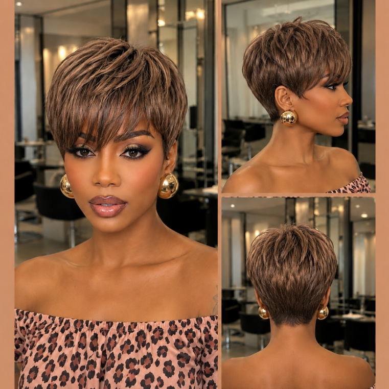 Short Pixie Cut Wig Brazilian Virgin Human Hair Black And Highlight Colorful Wig With Bangs Full Machine Ready To Go Glueless Wig dealsforyourdays