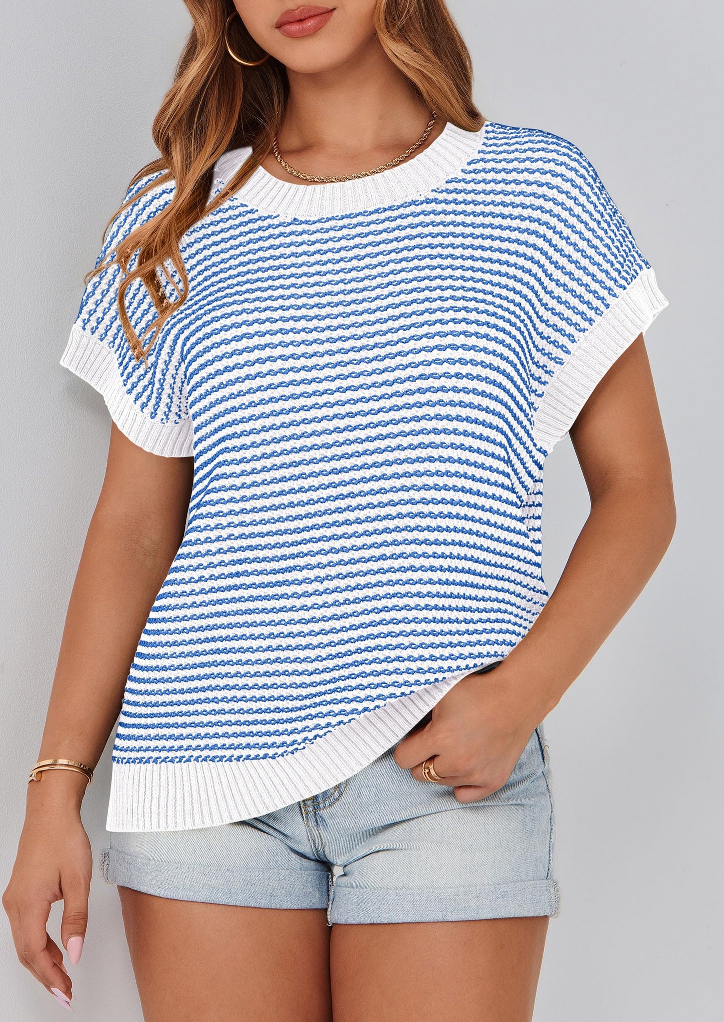 PRETTYGARDEN Womens Short Sleeve Sweater Spring Summer 2025 Round Neck Striped Pullover Cap Sleeve Knit Sweater Vest Tops