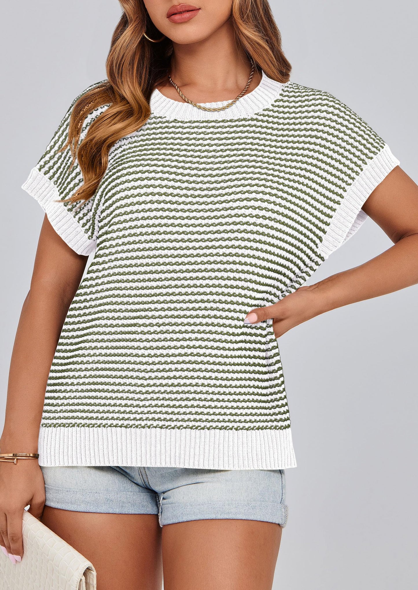 PRETTYGARDEN Womens Short Sleeve Sweater Spring Summer 2025 Round Neck Striped Pullover Cap Sleeve Knit Sweater Vest Tops