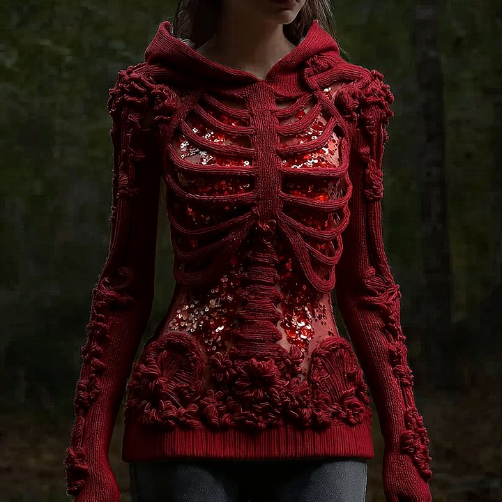 Halloween Skull Floral Knitted Warm Hooded Sweater