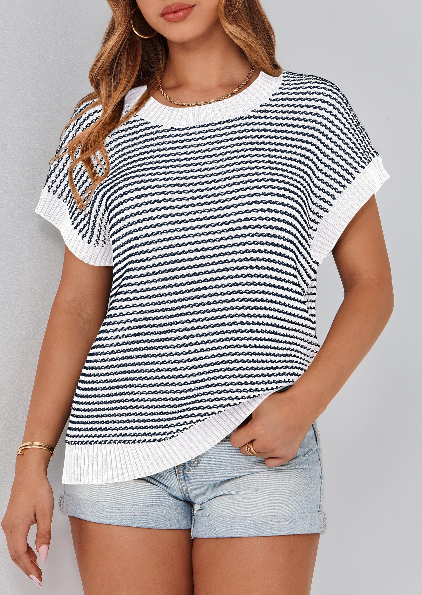 PRETTYGARDEN Womens Short Sleeve Sweater Spring Summer 2025 Round Neck Striped Pullover Cap Sleeve Knit Sweater Vest Tops