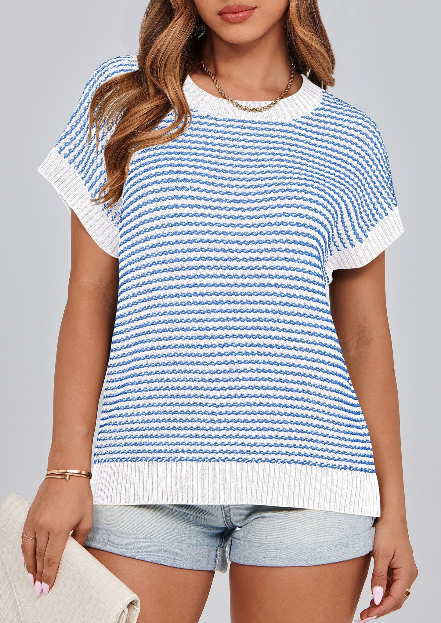 PRETTYGARDEN Womens Short Sleeve Sweater Spring Summer 2025 Round Neck Striped Pullover Cap Sleeve Knit Sweater Vest Tops
