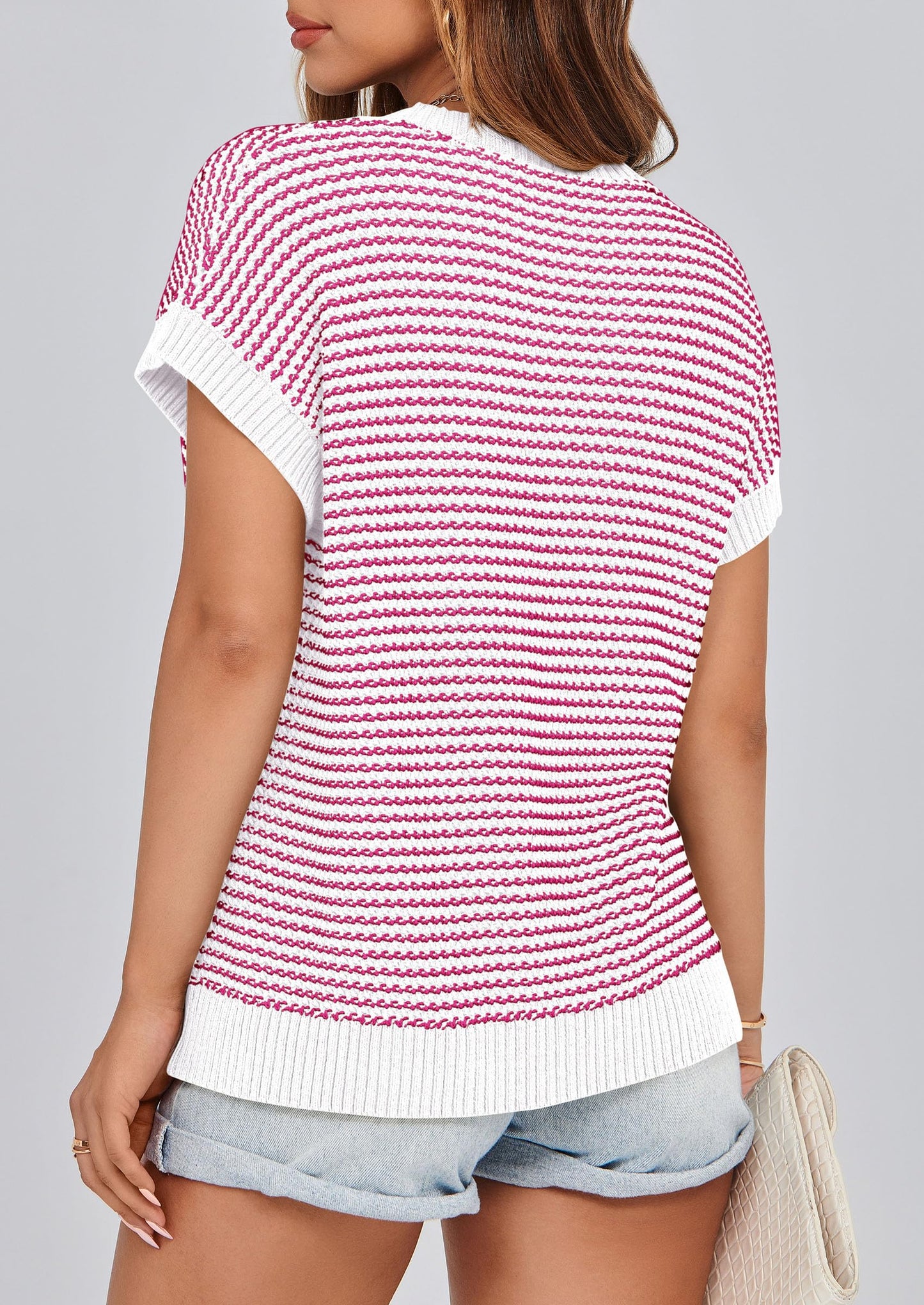 PRETTYGARDEN Womens Short Sleeve Sweater Spring Summer 2025 Round Neck Striped Pullover Cap Sleeve Knit Sweater Vest Tops
