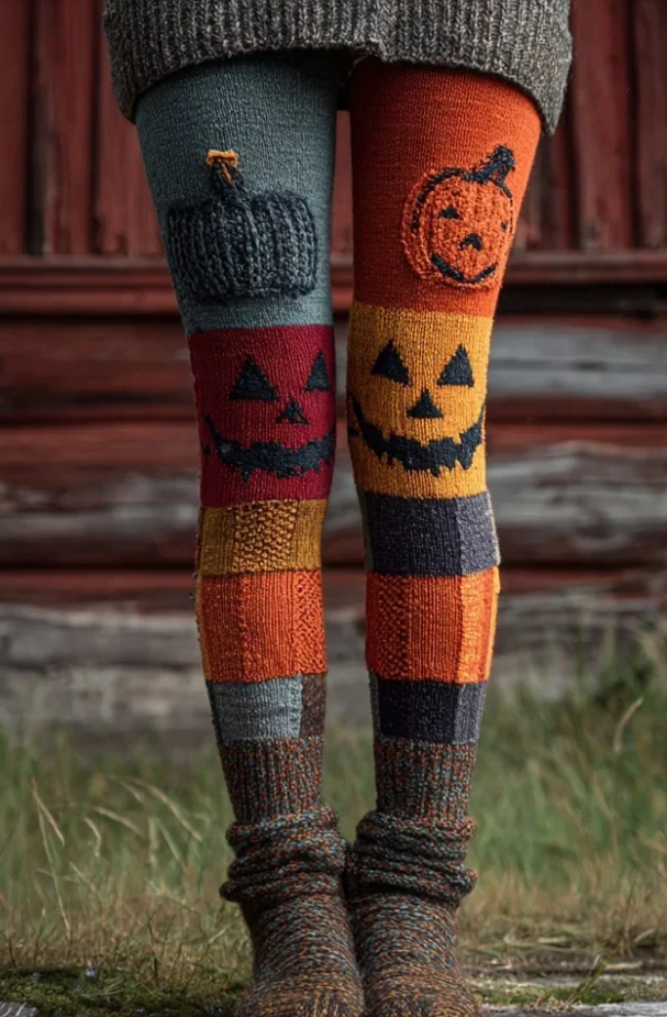 Halloween Pumpkin Spooky Face Patchwork Cozy Leggings