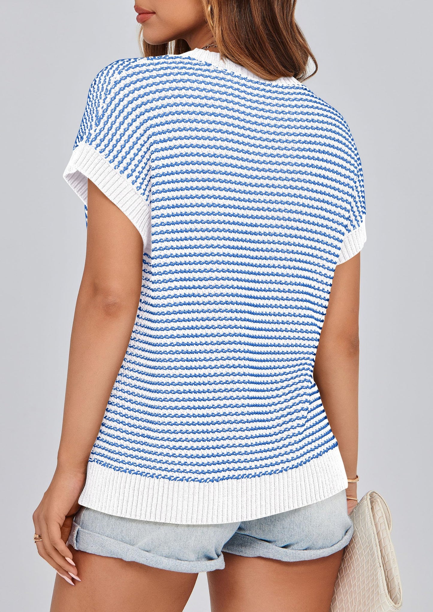 PRETTYGARDEN Womens Short Sleeve Sweater Spring Summer 2025 Round Neck Striped Pullover Cap Sleeve Knit Sweater Vest Tops