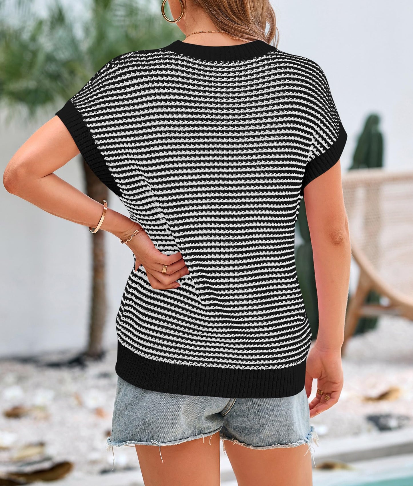 PRETTYGARDEN Womens Short Sleeve Sweater Spring Summer 2025 Round Neck Striped Pullover Cap Sleeve Knit Sweater Vest Tops