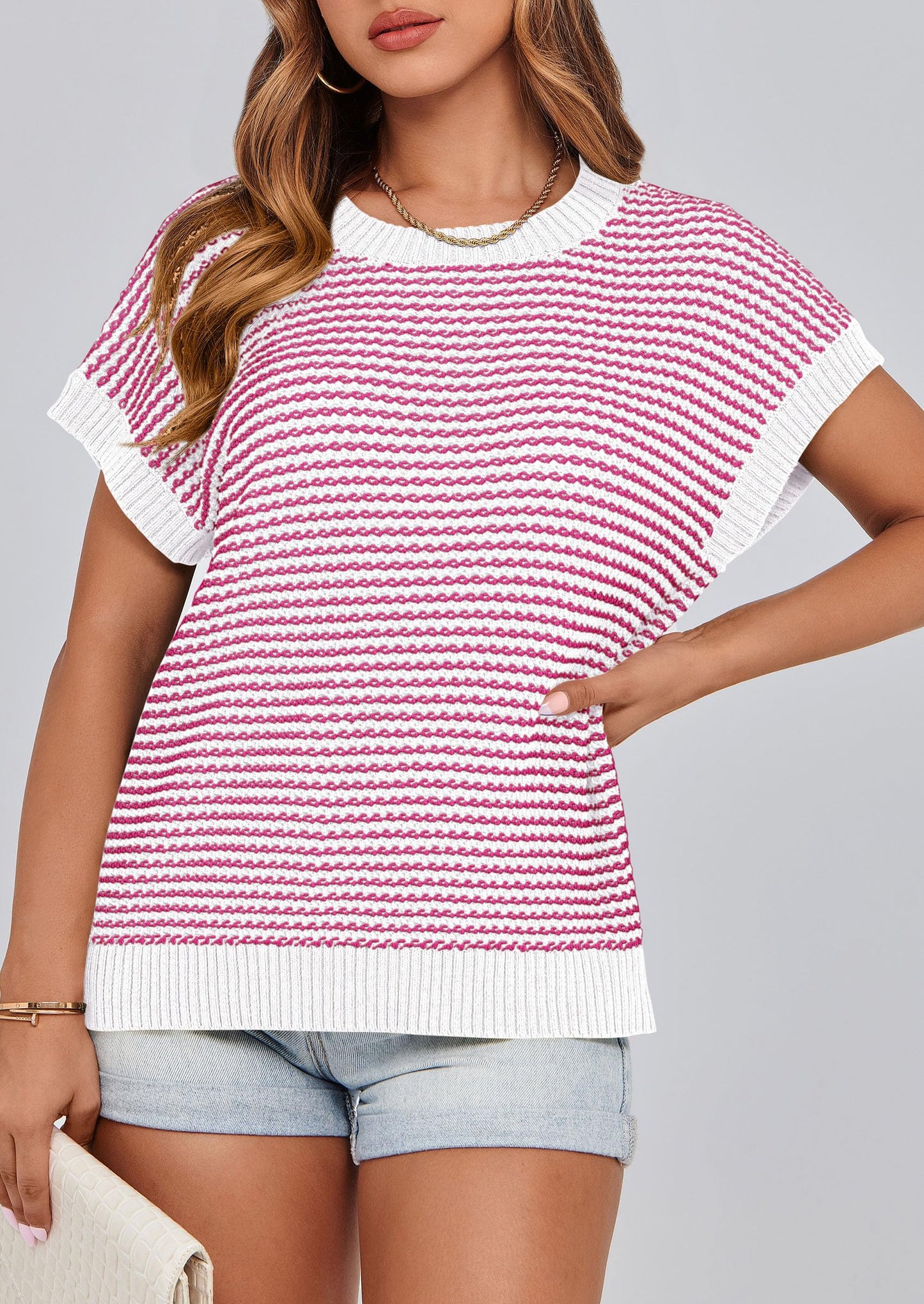 PRETTYGARDEN Womens Short Sleeve Sweater Spring Summer 2025 Round Neck Striped Pullover Cap Sleeve Knit Sweater Vest Tops