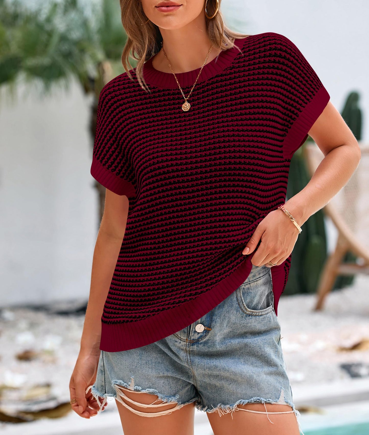 PRETTYGARDEN Womens Short Sleeve Sweater Spring Summer 2025 Round Neck Striped Pullover Cap Sleeve Knit Sweater Vest Tops