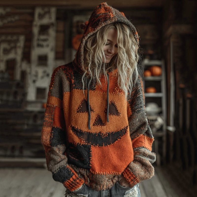 Halloween Pumpkin Face Patchwork Cozy Hooded Top