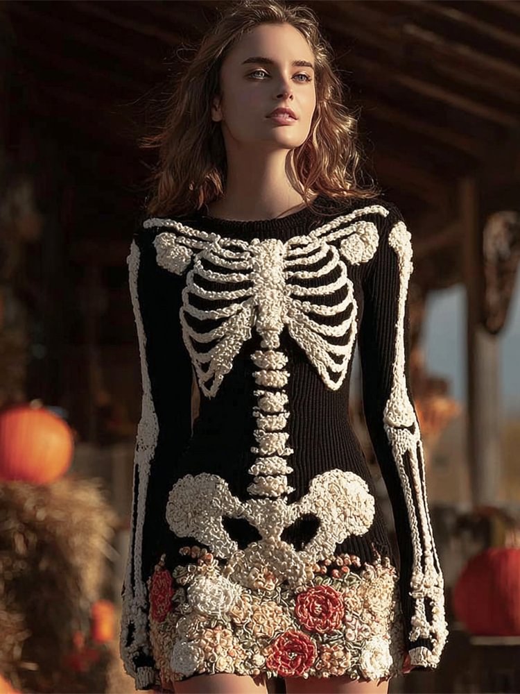 Halloween Skeleton & Floral Embroidery Women's Knit Sweater