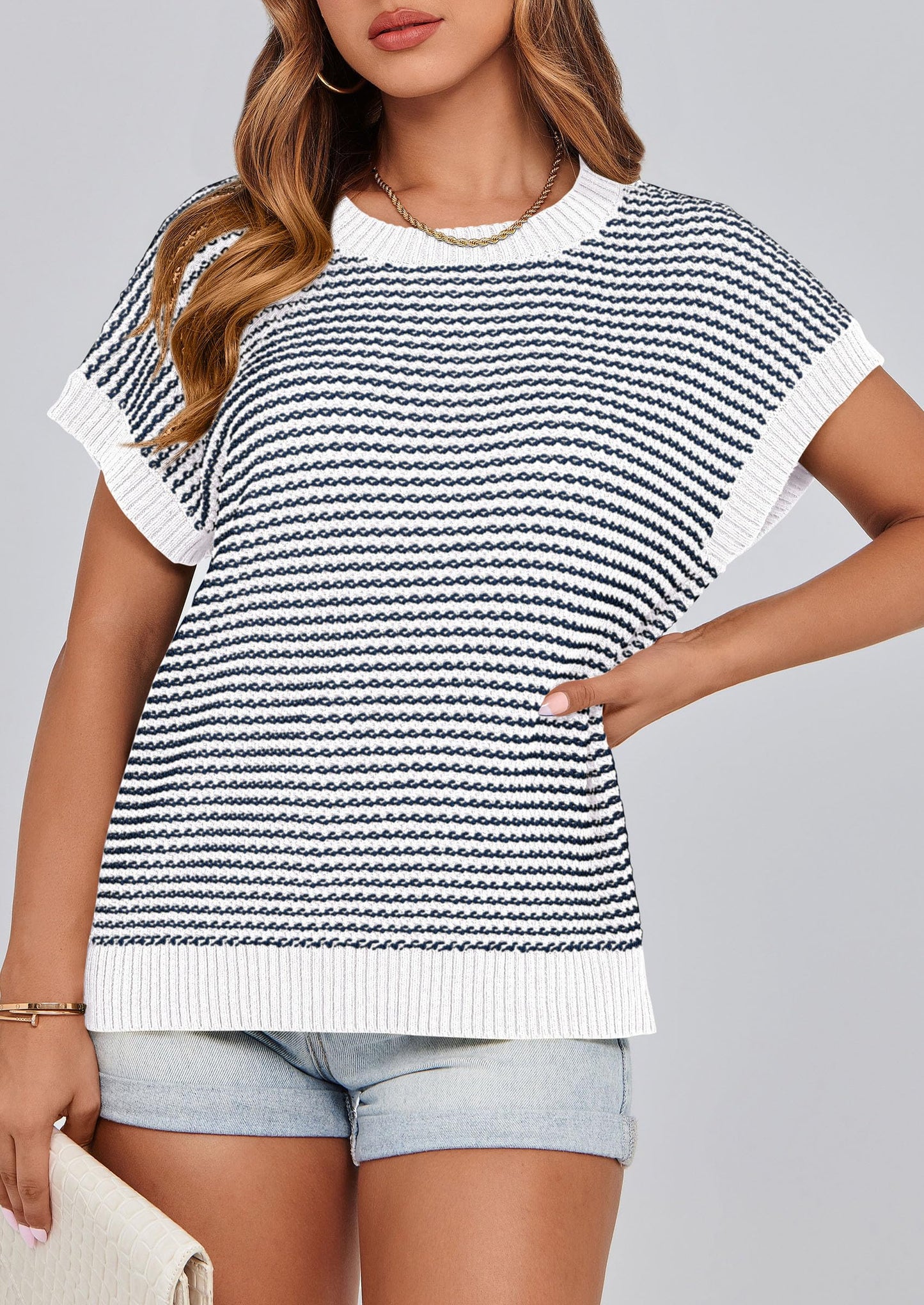 PRETTYGARDEN Womens Short Sleeve Sweater Spring Summer 2025 Round Neck Striped Pullover Cap Sleeve Knit Sweater Vest Tops
