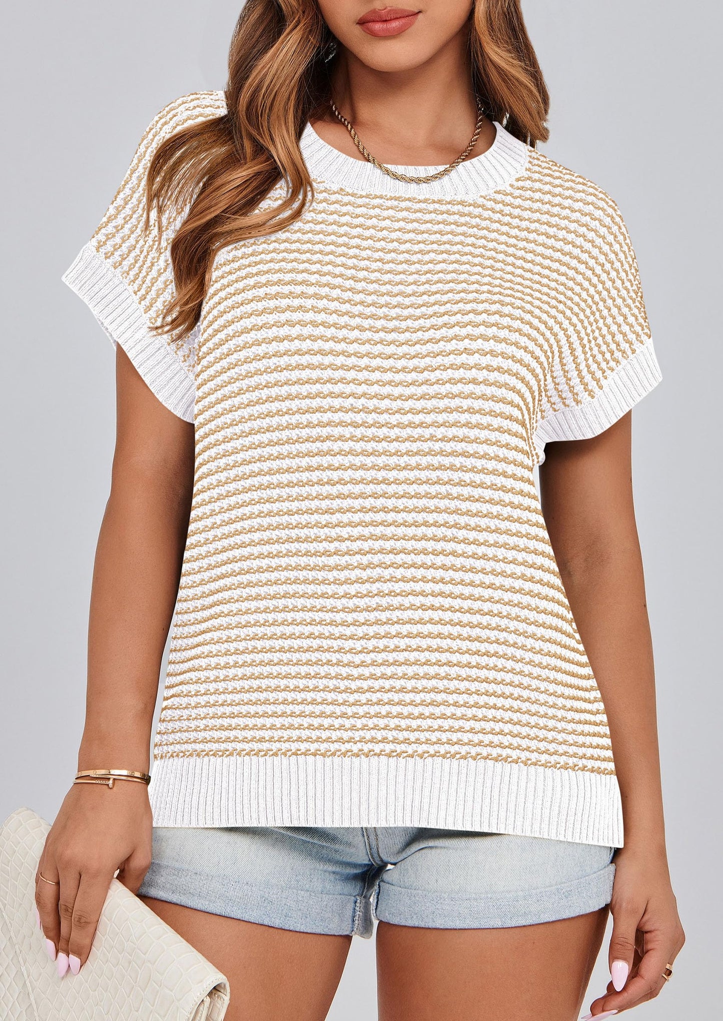 PRETTYGARDEN Womens Short Sleeve Sweater Spring Summer 2025 Round Neck Striped Pullover Cap Sleeve Knit Sweater Vest Tops