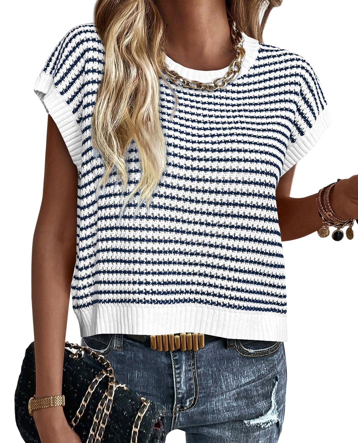 PRETTYGARDEN Womens Short Sleeve Sweater Spring Summer 2025 Round Neck Striped Pullover Cap Sleeve Knit Sweater Vest Tops
