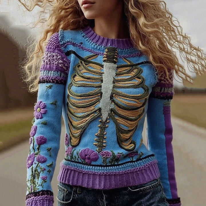 Vintage Halloween Anatomy With Floral Art Chunky Knitted Sweater