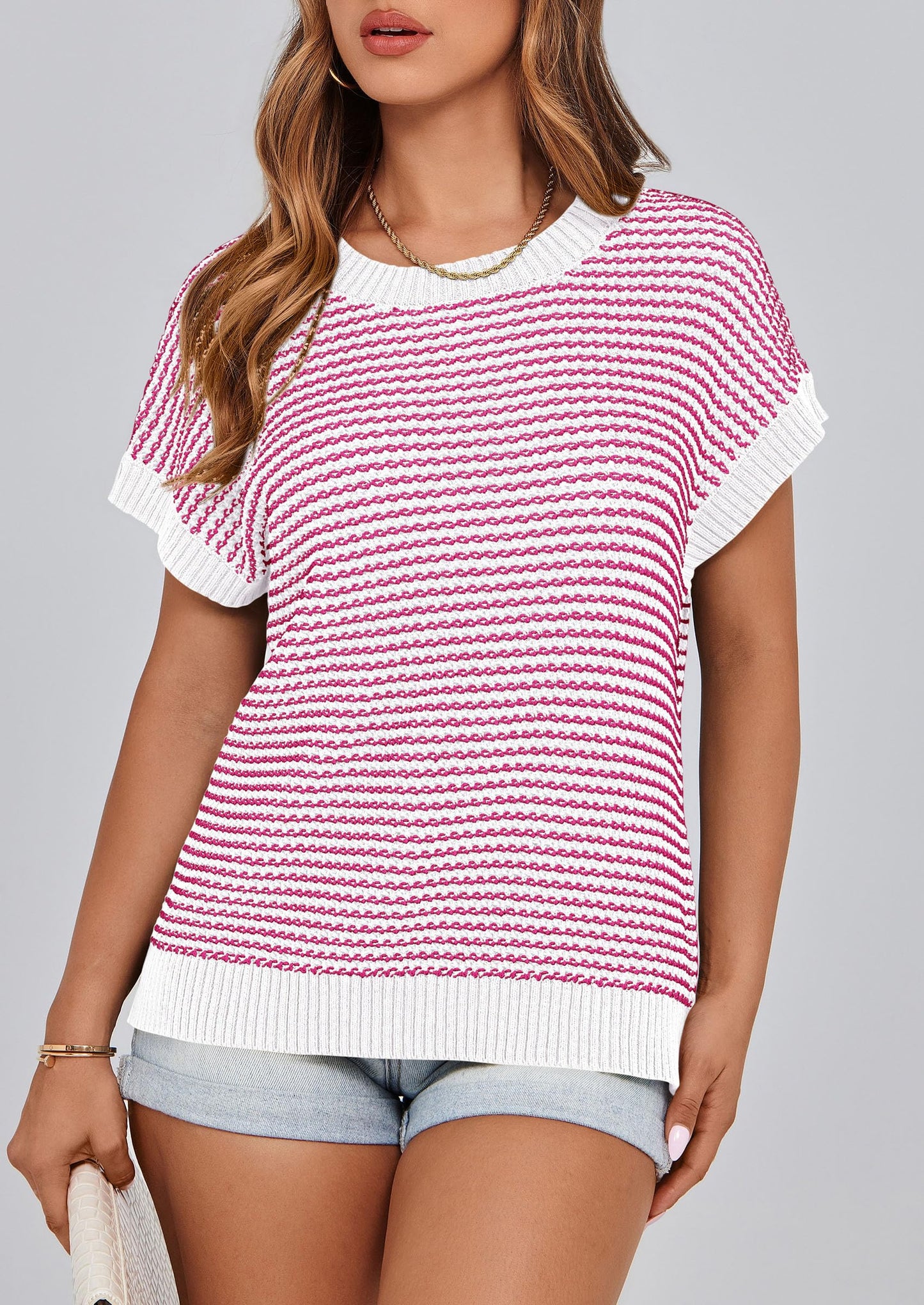 PRETTYGARDEN Womens Short Sleeve Sweater Spring Summer 2025 Round Neck Striped Pullover Cap Sleeve Knit Sweater Vest Tops