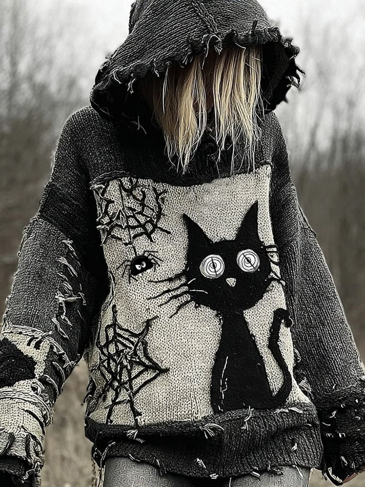 Halloween Scared Black Cat Patchwork Stitched Cozy Knit Hooded