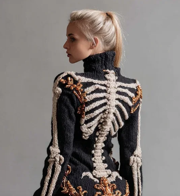 Halloween Skeleton & Floral Embroidery Women's Knit Sweater