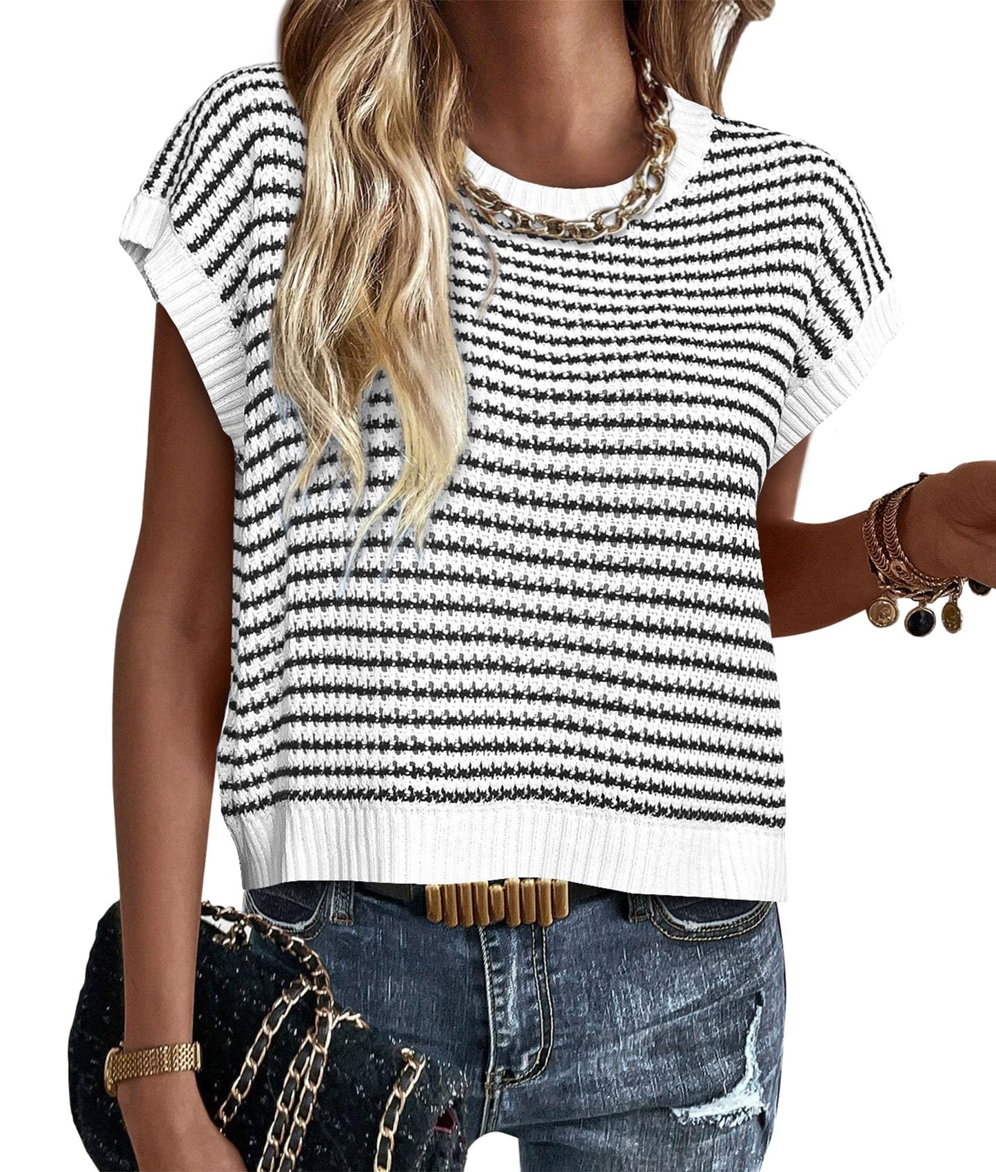 PRETTYGARDEN Womens Short Sleeve Sweater Spring Summer 2025 Round Neck Striped Pullover Cap Sleeve Knit Sweater Vest Tops