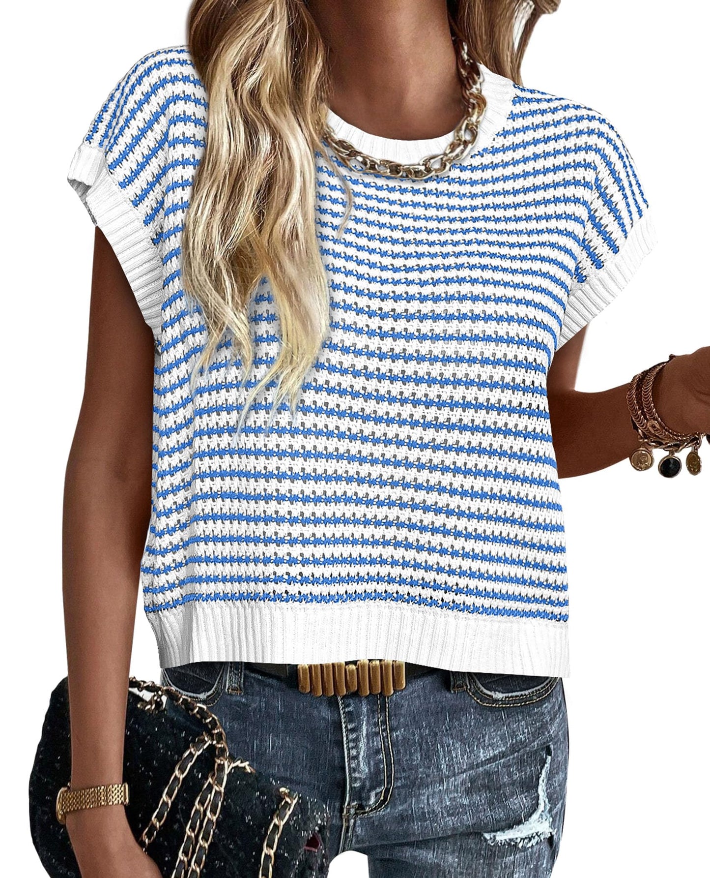 PRETTYGARDEN Womens Short Sleeve Sweater Spring Summer 2025 Round Neck Striped Pullover Cap Sleeve Knit Sweater Vest Tops