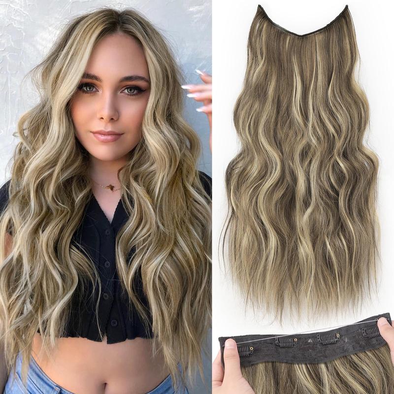 BlackFriday Invisible Wire Synthetic Hair Extensions 16/20/24 Inch Clip-On Long Wavy Hairpiece for Women Black Secure 4 Clips Back to School Fashion