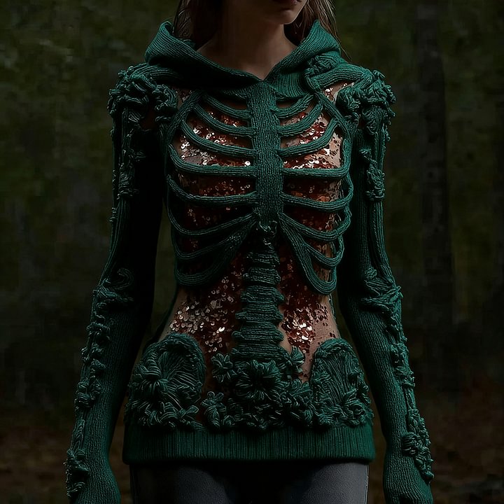Halloween Skull Floral Knitted Warm Hooded Sweater