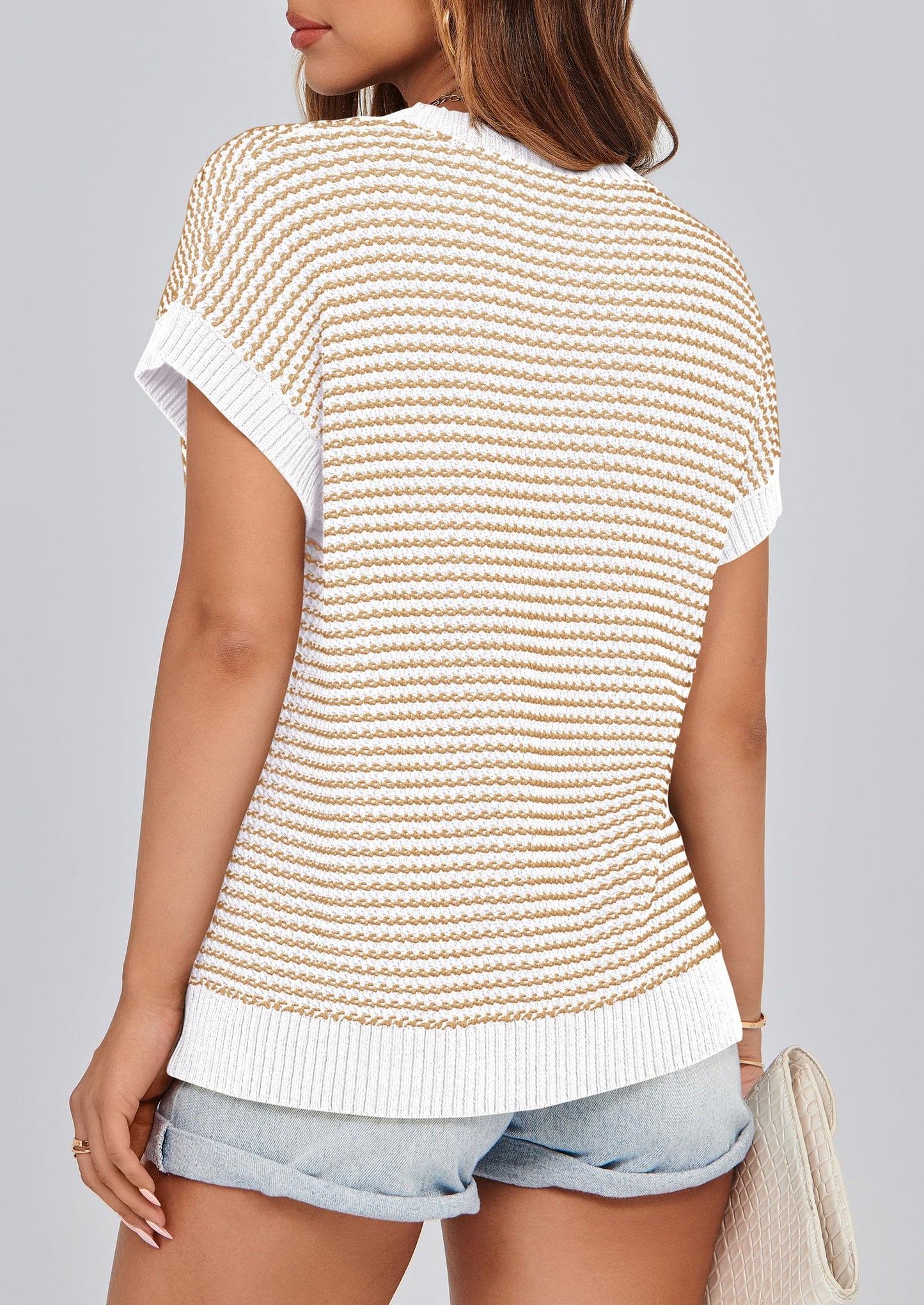 PRETTYGARDEN Womens Short Sleeve Sweater Spring Summer 2025 Round Neck Striped Pullover Cap Sleeve Knit Sweater Vest Tops