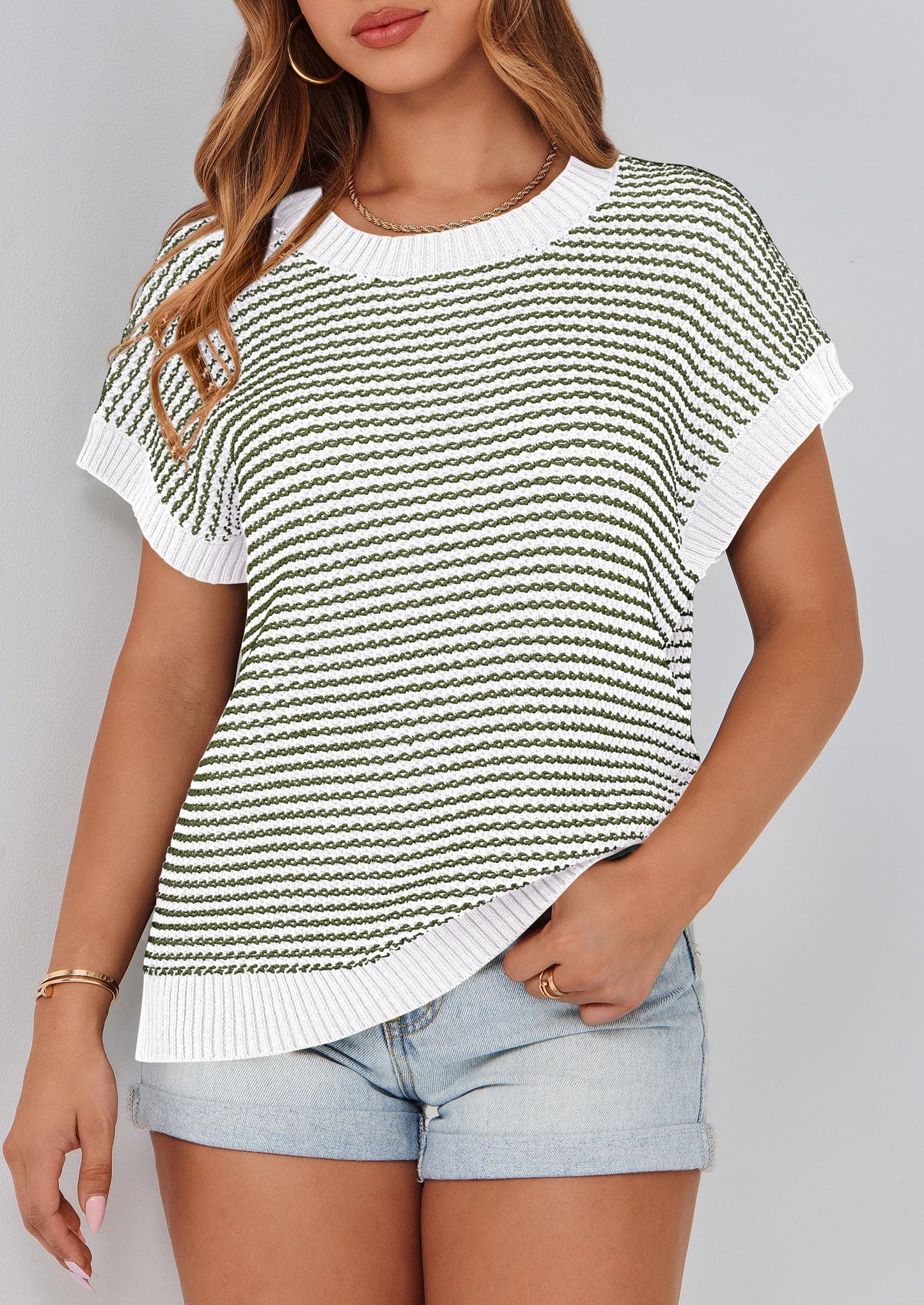 PRETTYGARDEN Womens Short Sleeve Sweater Spring Summer 2025 Round Neck Striped Pullover Cap Sleeve Knit Sweater Vest Tops