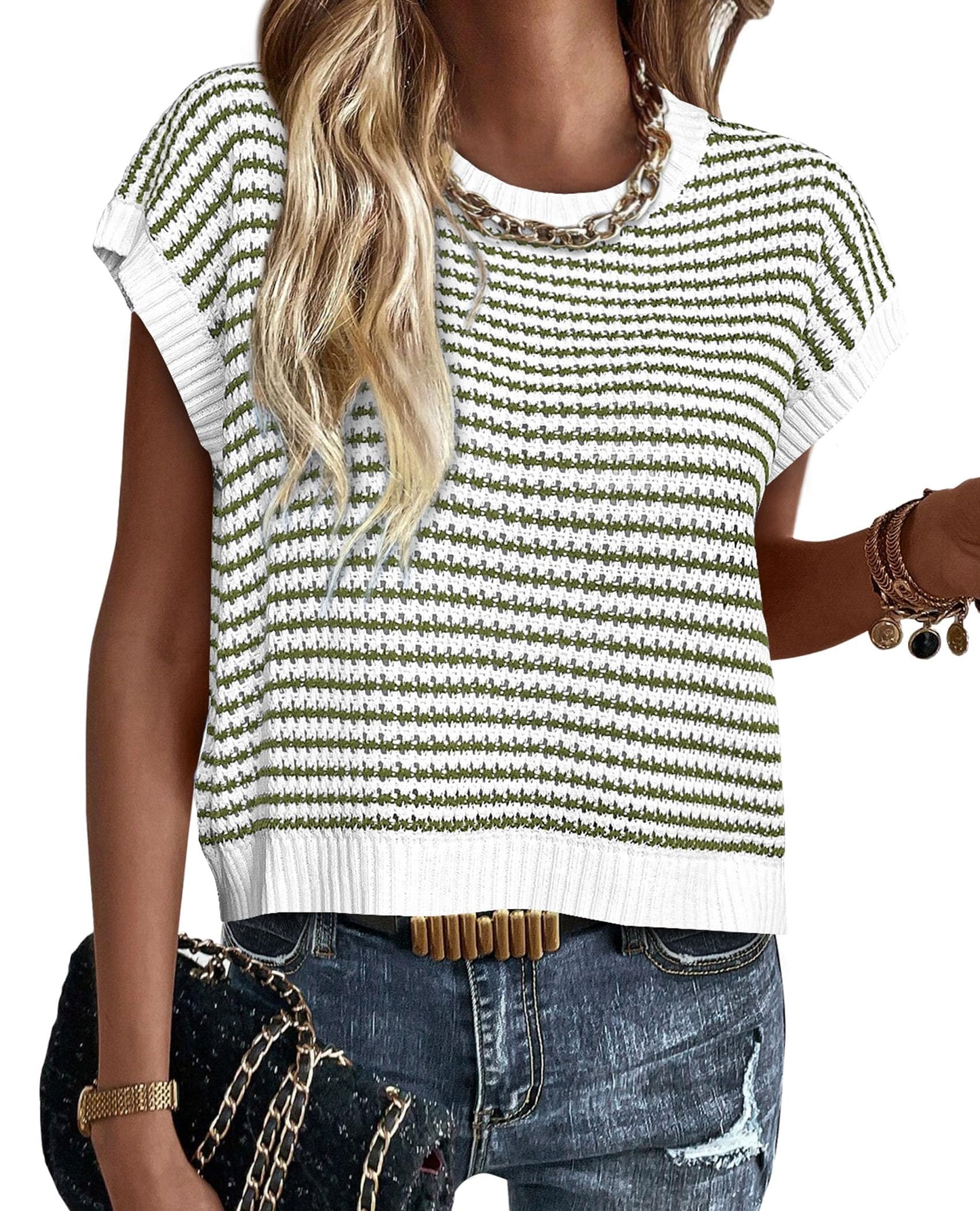 PRETTYGARDEN Womens Short Sleeve Sweater Spring Summer 2025 Round Neck Striped Pullover Cap Sleeve Knit Sweater Vest Tops